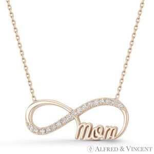 Infinity Charm CZ Crystal Pave & Cursive "Mom" Pendant in .925 Sterling Silver